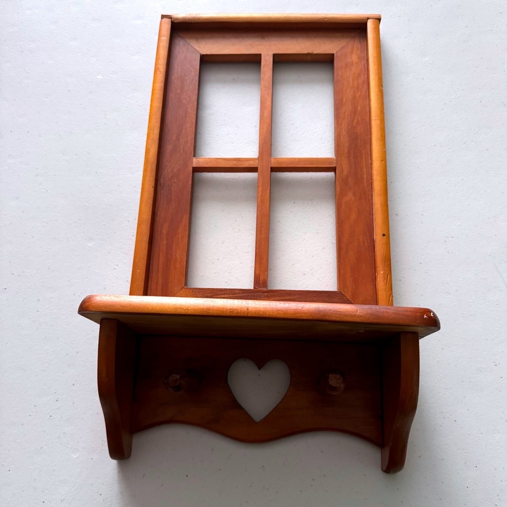 Vintage Country Farmhouse Cottagecore Heart Wood Window Pane Wall Shelf Pegs